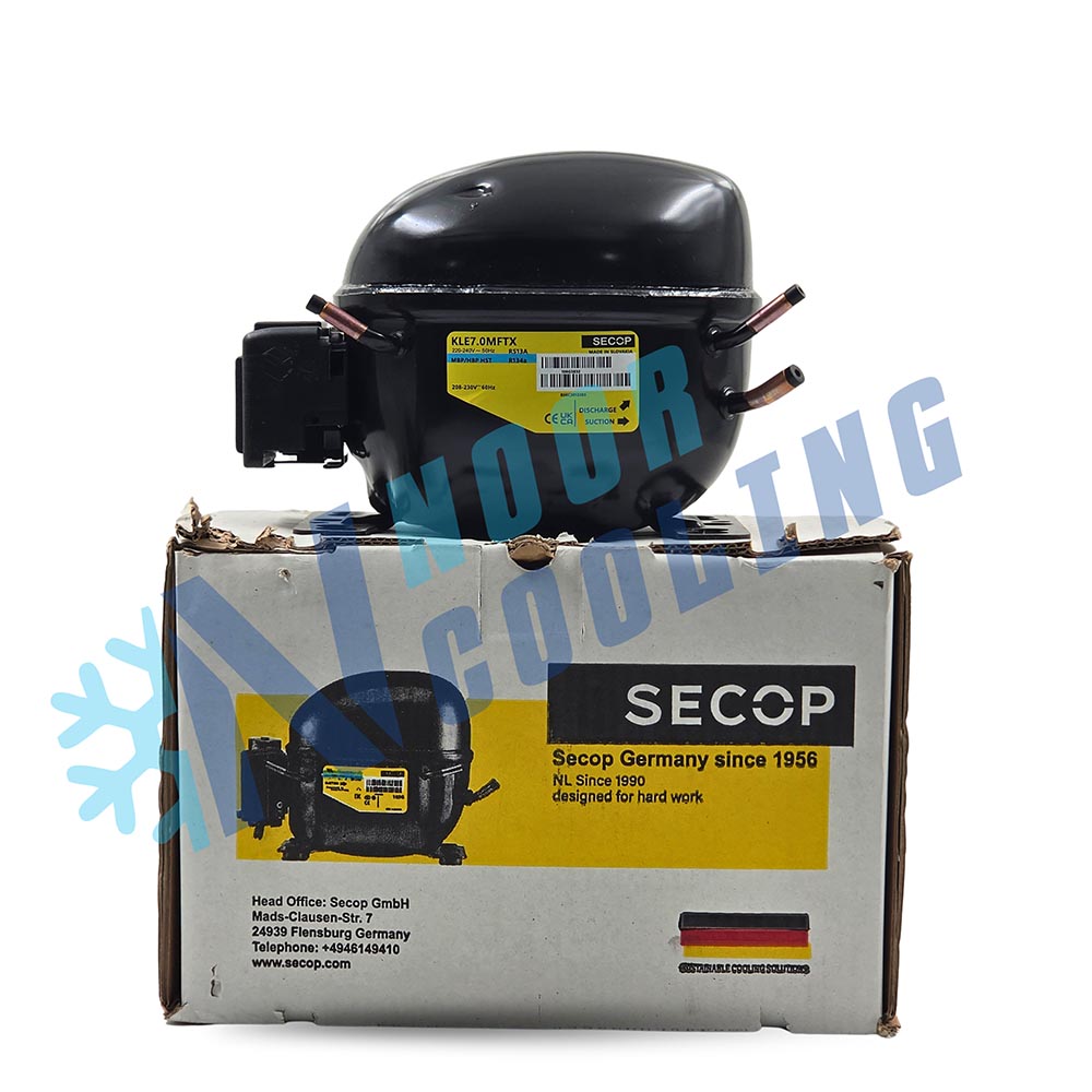 کمپرسور سکاپ SECOP مدل KLE7.0MFTX ظرفیت ۱/۴ اسب بخار پوسته بزرگ خازن‌دار گاز R134a